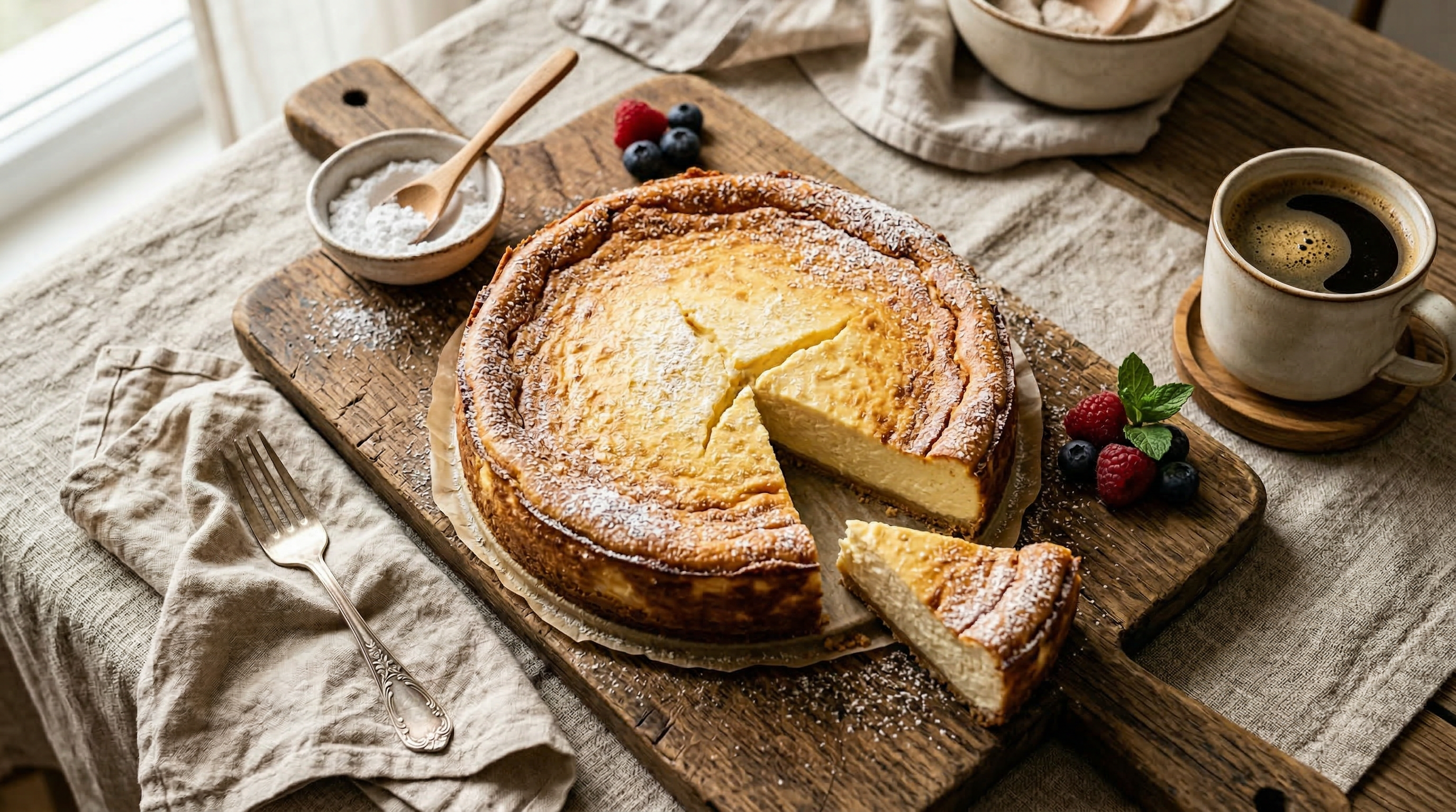 Homemade cheesecake on a wooden board